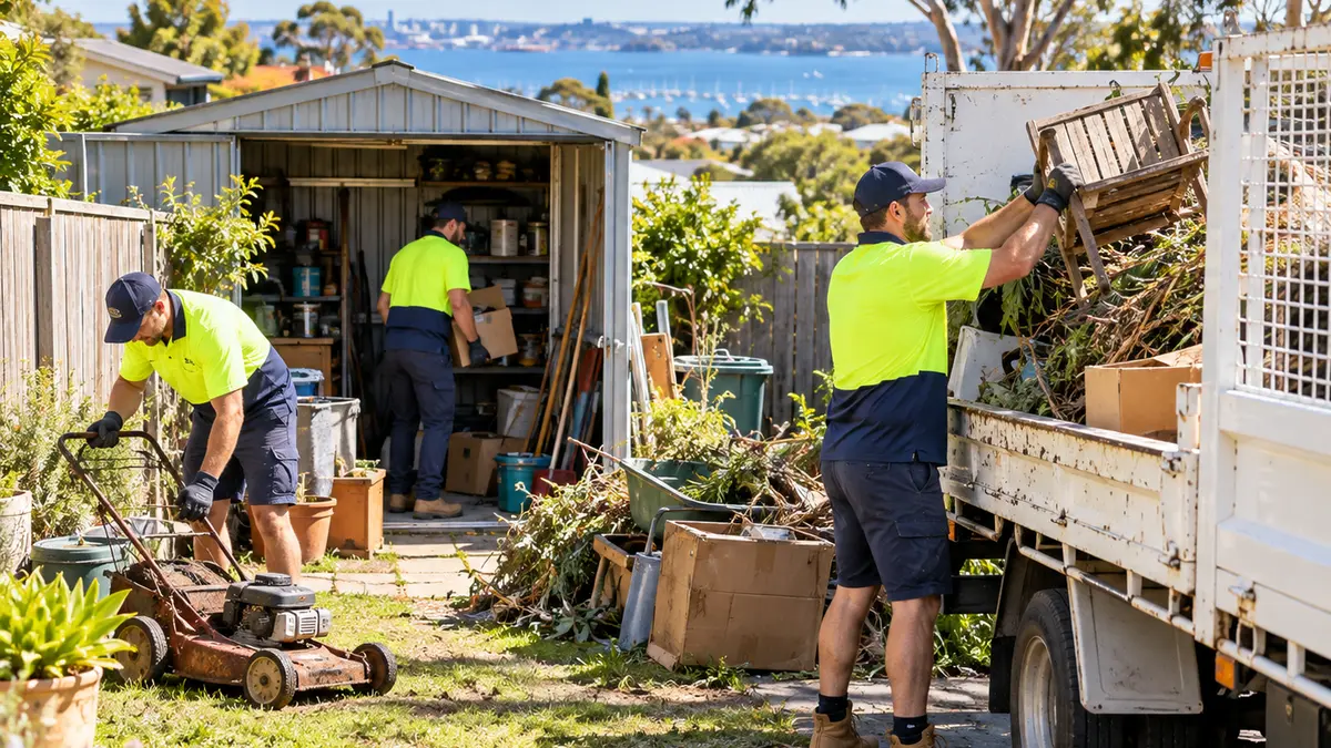 Crew loading an old chair and garden clear-out from a Geelong backyard onto a removal truck, with shed clutter behind